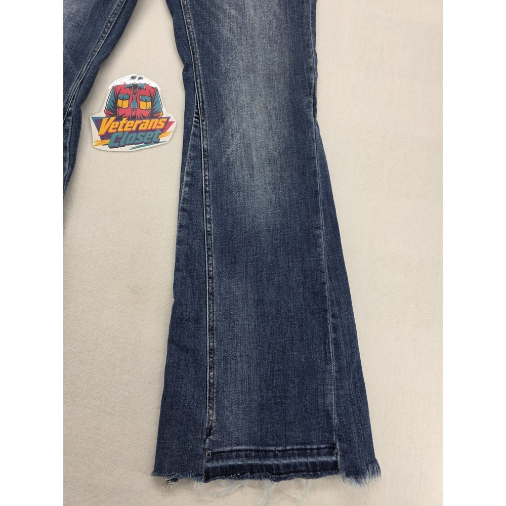 Flying Monkey Jeans Womens 29x32 High Rise Super Flare Blue Distressed Raw Hem - Picture 6 of 11
